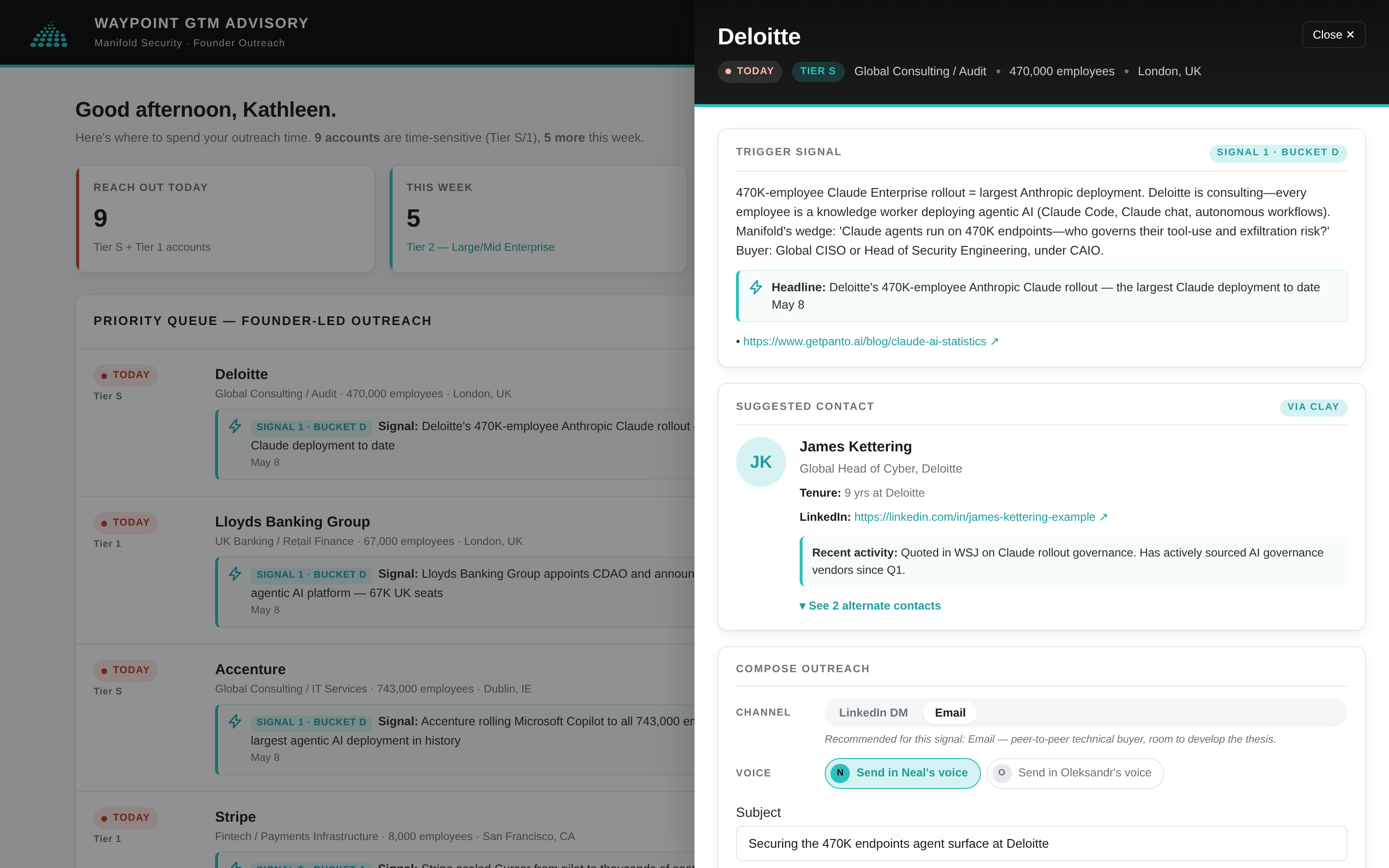 Account drawer open — showing trigger signal context, suggested contact, and compose section