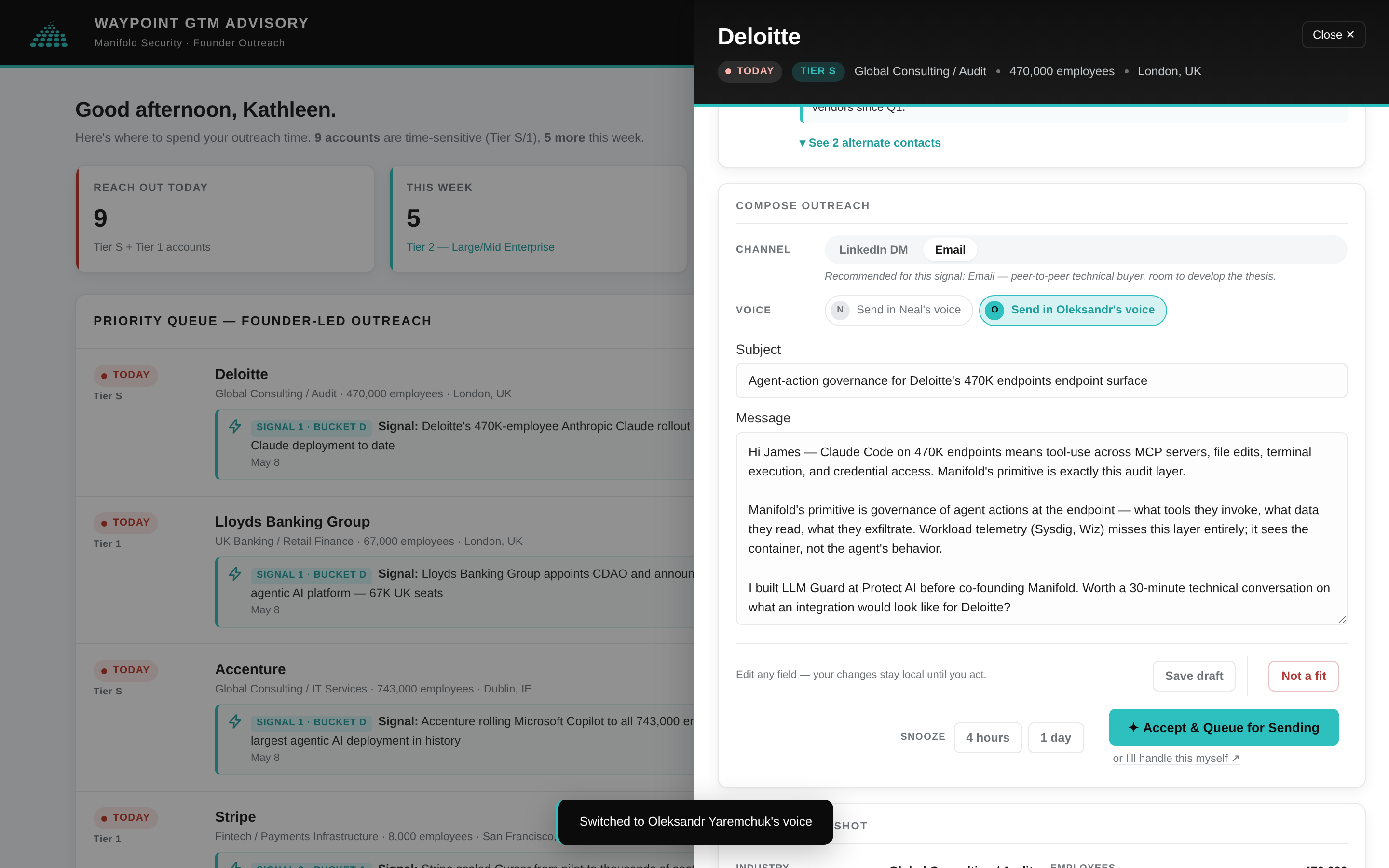 Drawer composer — switched to the technical co-founder's voice, message body shows different tone and credibility anchor