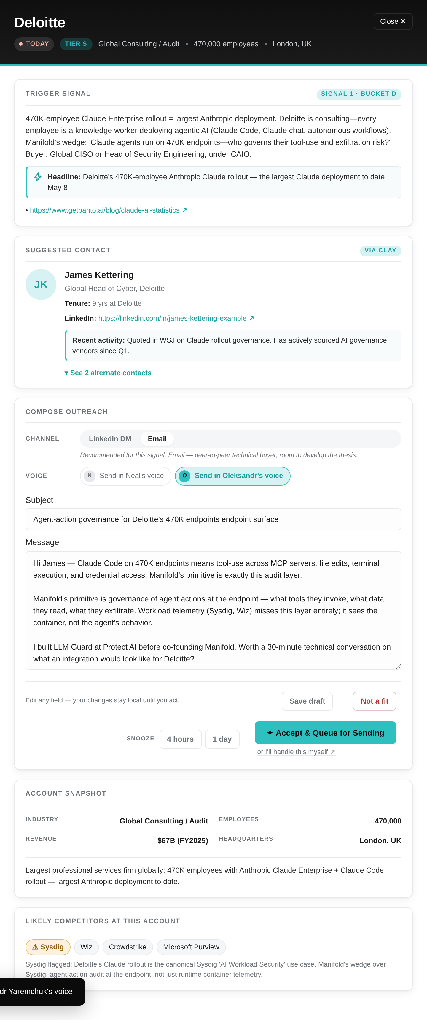 Drawer scrolled down — Account Snapshot section with firmographics, plus Largest Competitors list with strategic flags